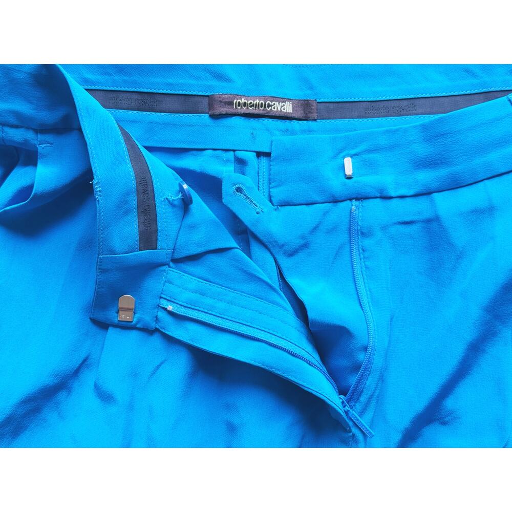 Roberto Cavalli Silk High Waist Toreador Pants Medium Blue Retro Designer Glam - Picture 10 of 11
